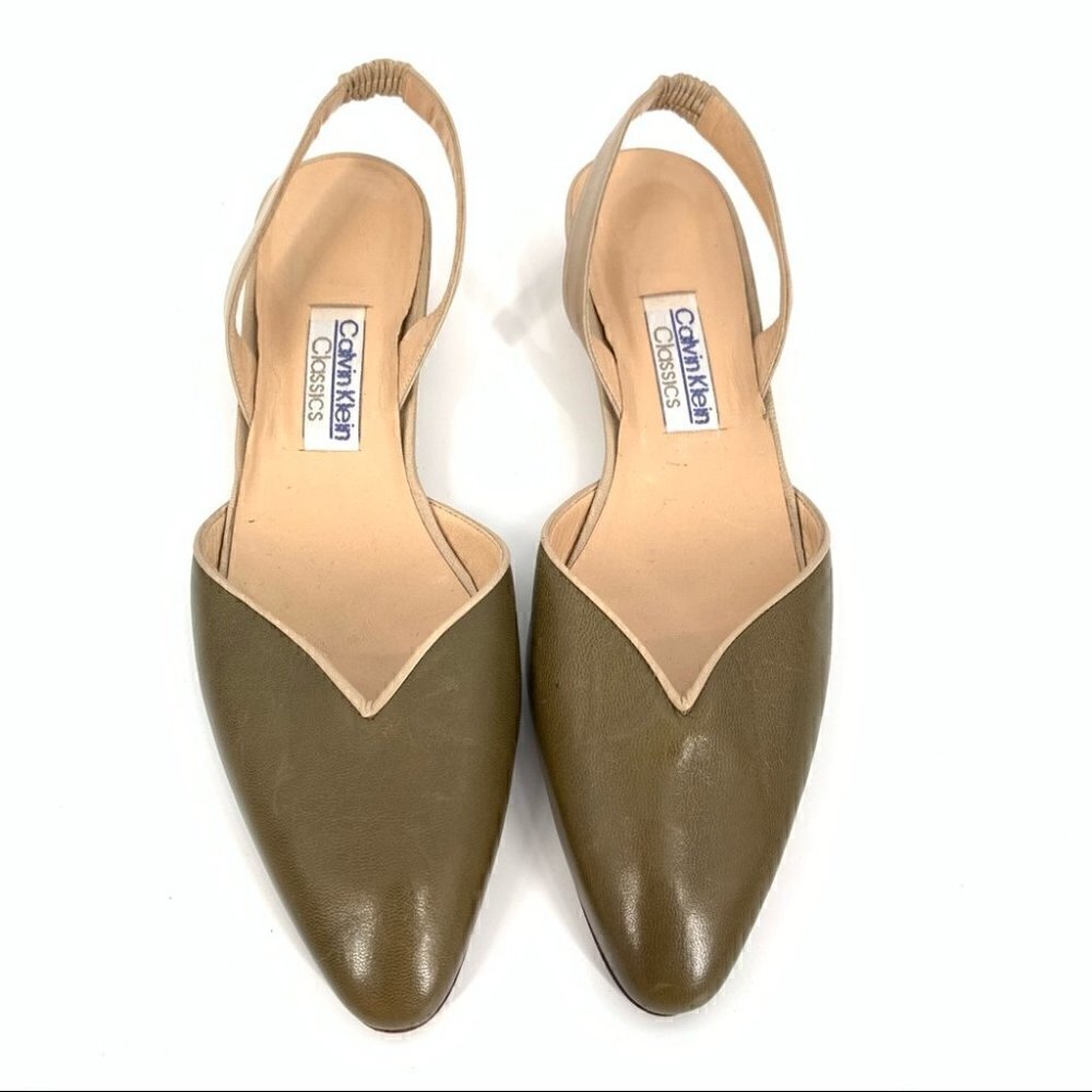 New Calvin Klein Classics heel 8 N olive green Tan Italian leather vintage 80s